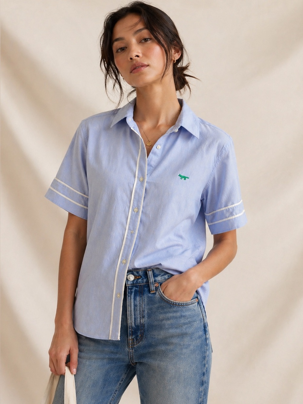Maison Kitsuné Fox Embroidered Shirt | Light Blue Piped Button Down Size Mesium
